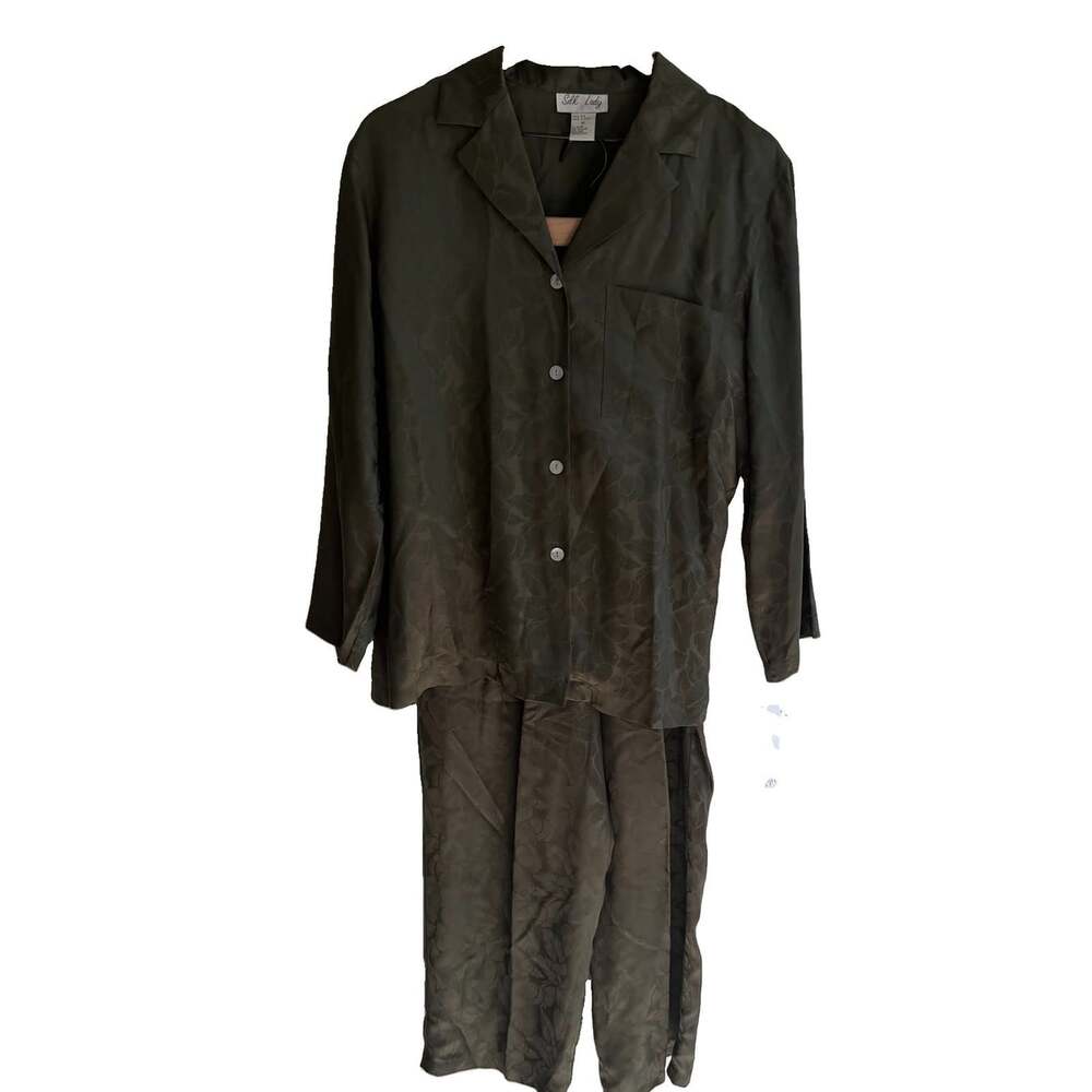 Vintage 100% Silk Pajama Set M Olive Green Floral Jacquard Button Top Pants